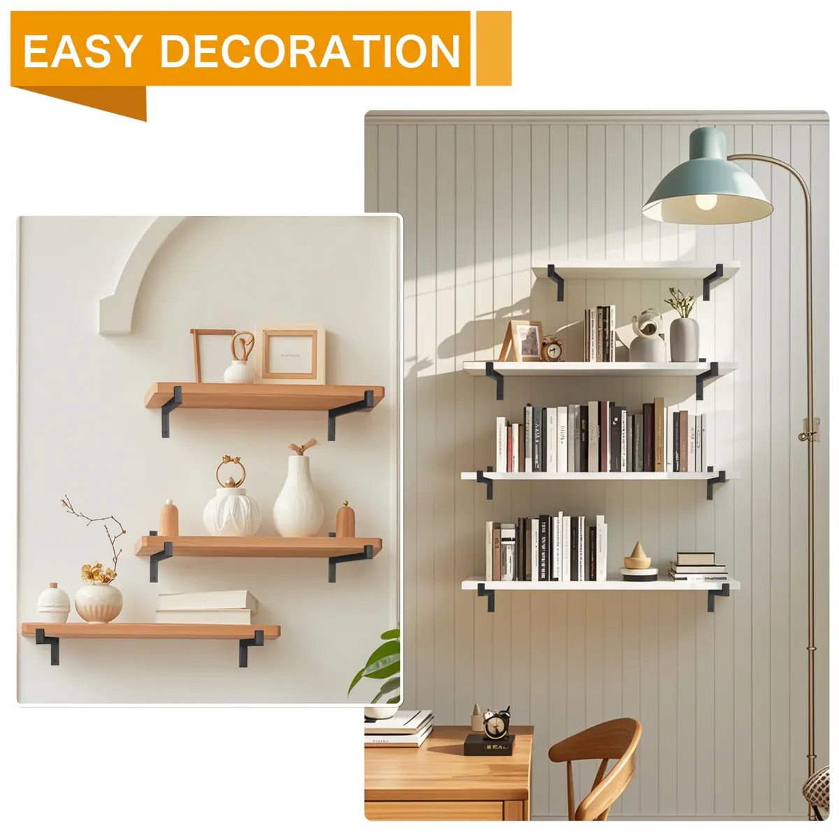 EZYDECOR Heavy Duty Shelf Brackets with Lip 6 Inch Black | Industrial Steel Supports for Wall Mounting - view 9