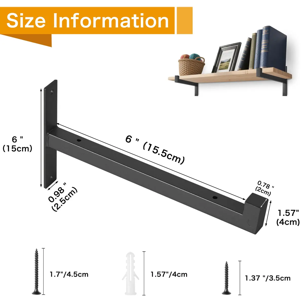 EZYDECOR Heavy Duty Shelf Brackets with Lip 6 Inch Black | Industrial Steel Supports for Wall Mounting - view 2