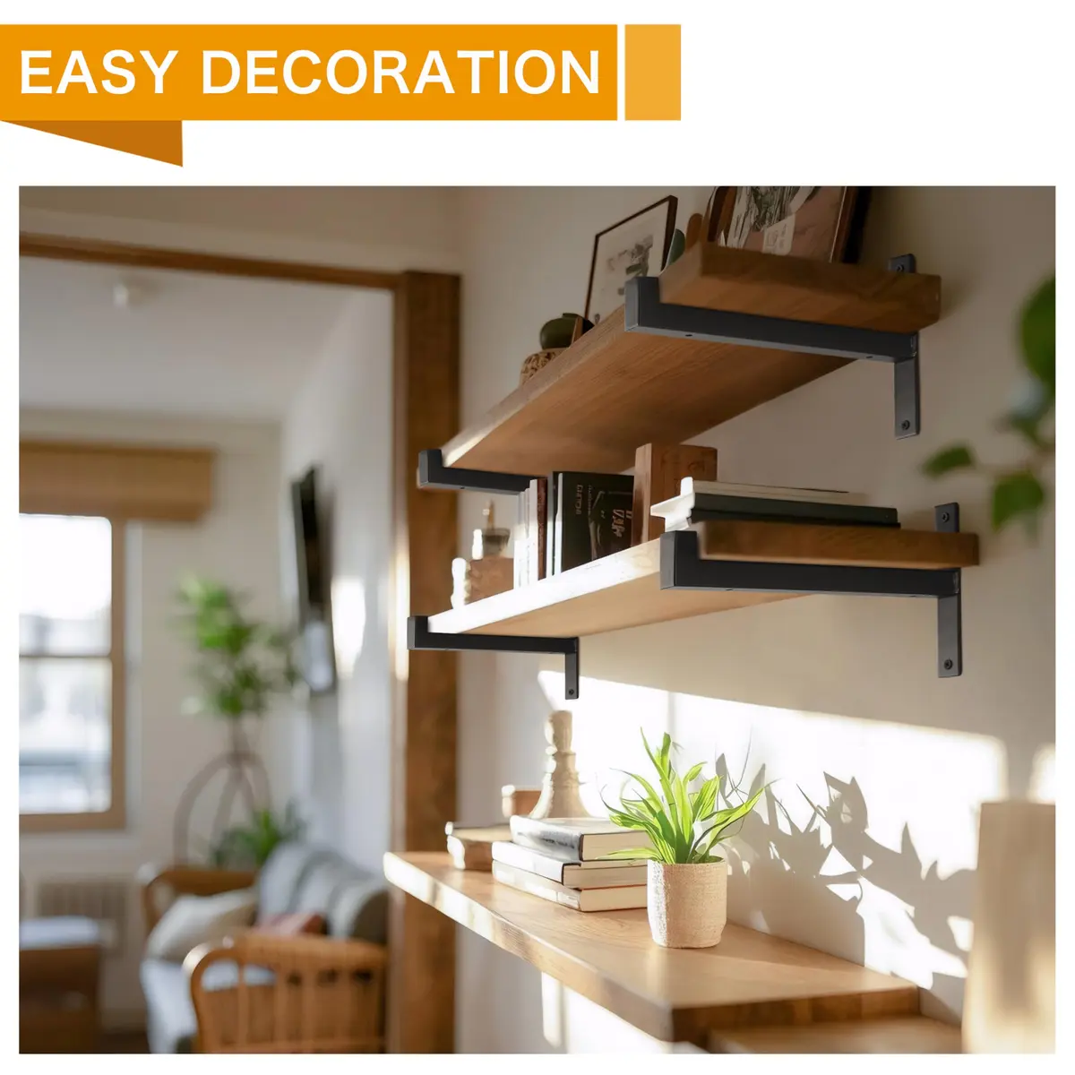 EZYDECOR Heavy Duty Shelf Brackets with Lip 6 Inch Black | Industrial Steel Supports for Wall Mounting - view 3
