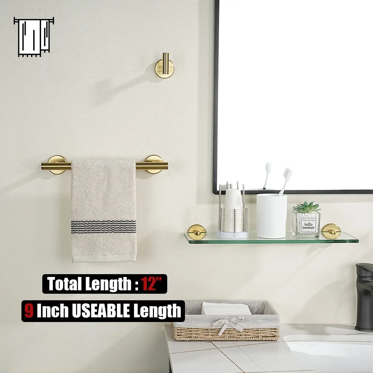 JQK Brushed Gold Towel Holder 12 Inch | Rust-Proof Stainless Steel Wall Mount (70-120 chars) - view 3