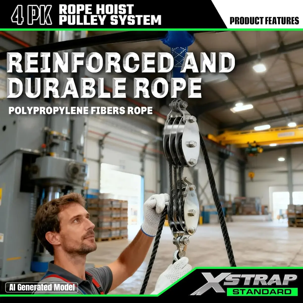 XSTRAP STANDARD Heavy-Duty Rope Hoist 50 ft (15.24 m) | 1000 lb Load Capacity, 2000 lb Breaking Strength - view 6