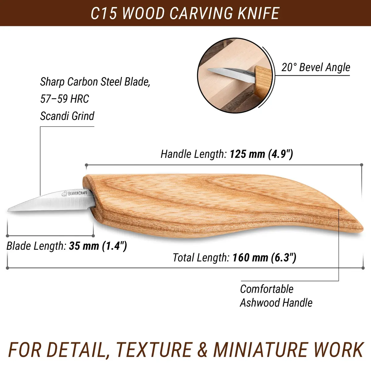BeaverCraft Wood Carving Detail Knife C15 1.4" | Precision Whittling Tool for Beginners & Kids - view 2