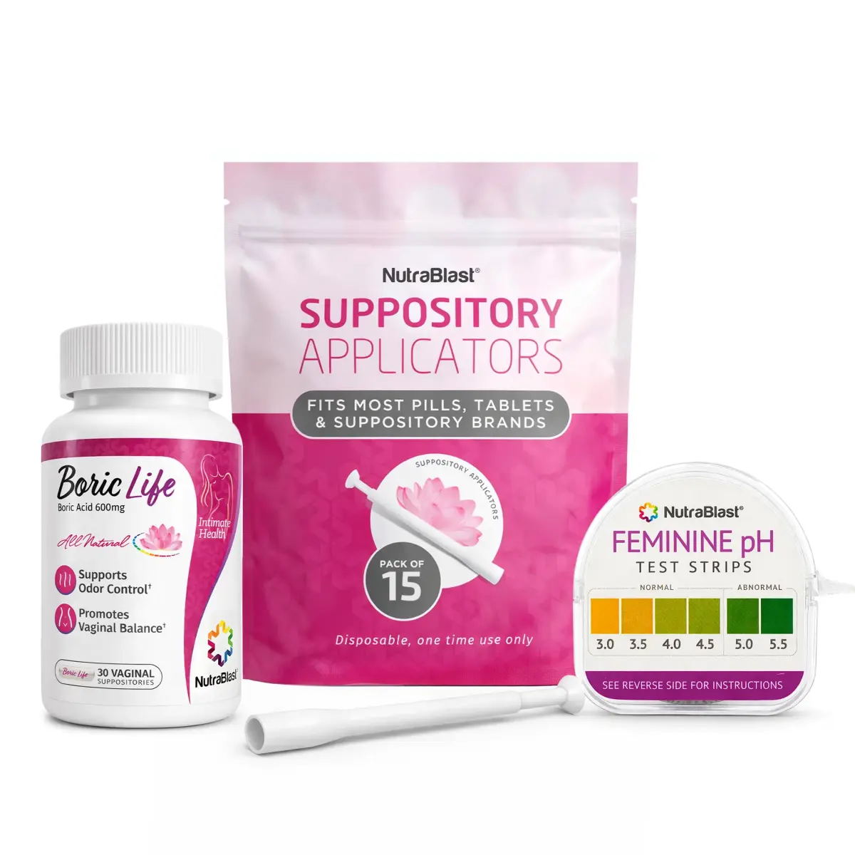 NutraBlast Boric Acid Suppositories 600mg (30 Count) | Vaginal pH Test Strips & Applicators - main product image