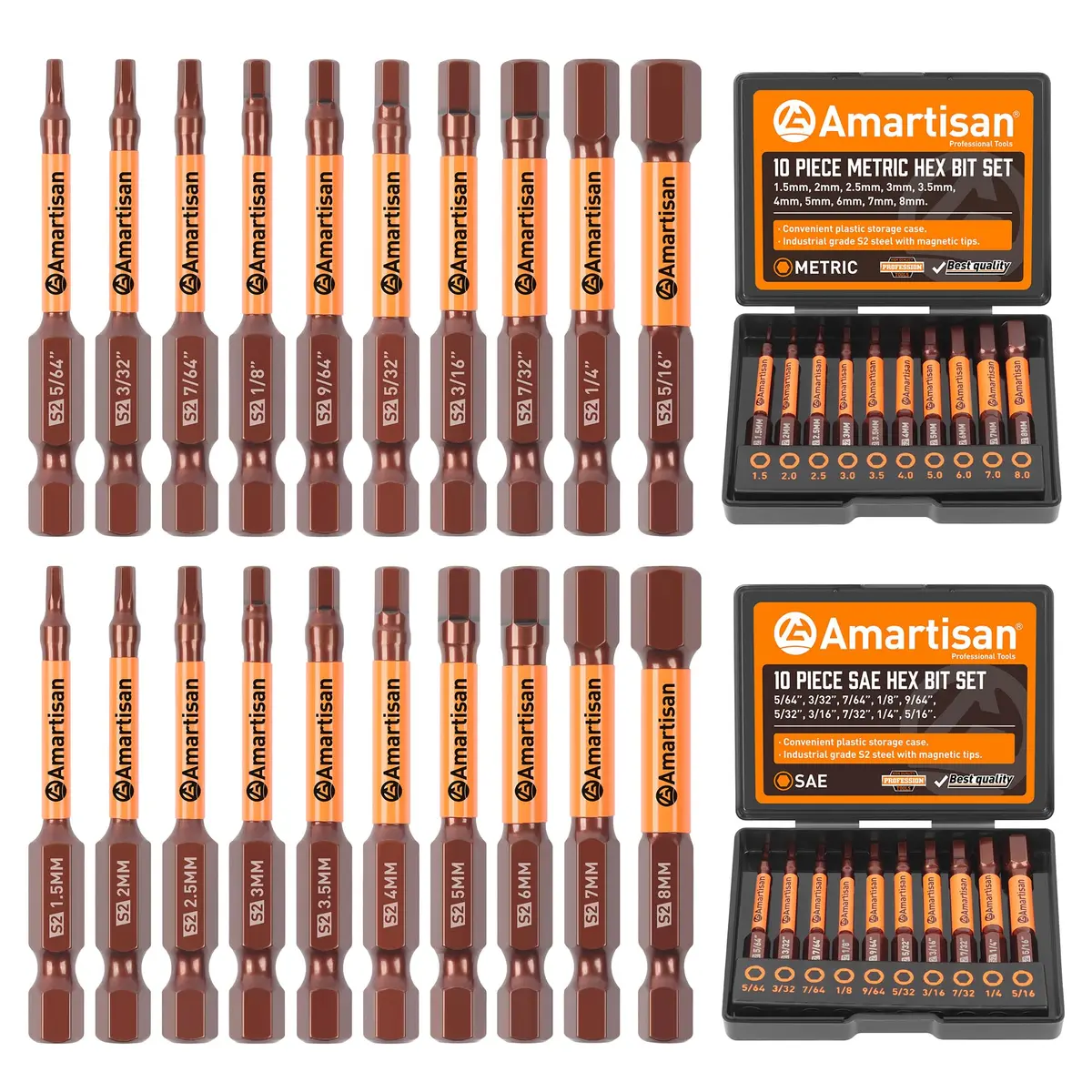 Amartisan 20-Piece Hex Bit Set | High-Quality S2 Alloy Steel, Metric & SAE, 2.3" Length, Black - main product image