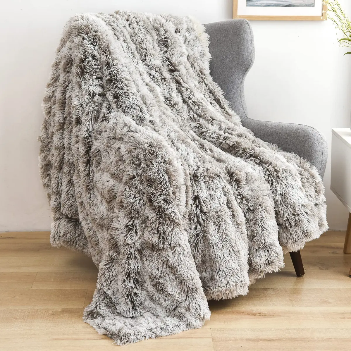 GONAAP Fuzzy Faux Fur Throw Blanket for Couch, Frosty Grey, 50"x60" | Cozy Plush Reversible All-Season Decor - main product image