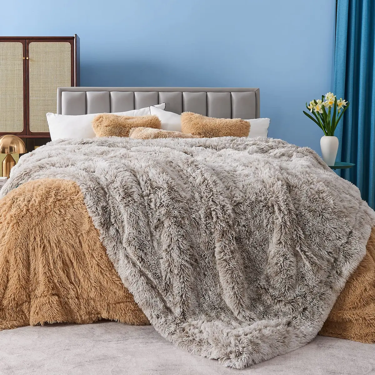 GONAAP Fuzzy Faux Fur Throw Blanket for Couch, Frosty Grey, 50"x60" | Cozy Plush Reversible All-Season Decor - view 2