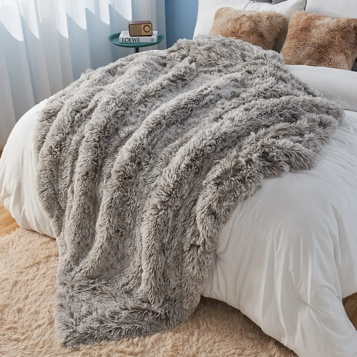 GONAAP Fuzzy Faux Fur Throw Blanket for Couch, Frosty Grey, 50"x60" | Cozy Plush Reversible All-Season Decor - view 3