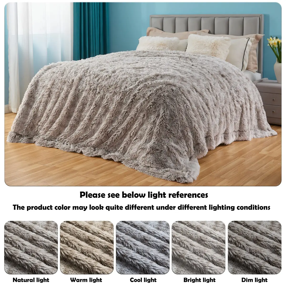GONAAP Fuzzy Faux Fur Throw Blanket for Couch, Frosty Grey, 50"x60" | Cozy Plush Reversible All-Season Decor - view 4
