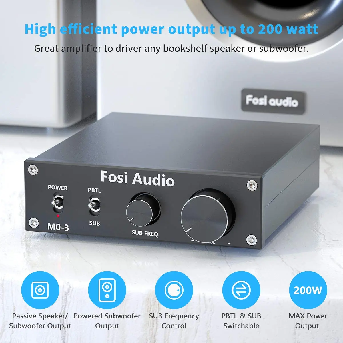 Fosi Audio M03 200 Watt Mono Amplifier | Full-Frequency & SUB Bass Switchable, 32V/5A Power Supply - view 2