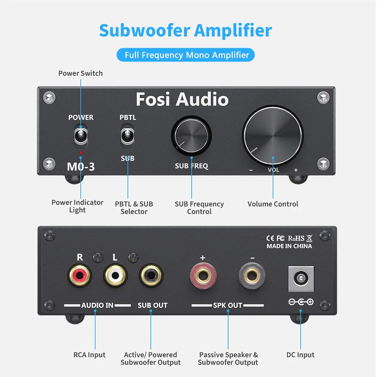 Fosi Audio M03 200 Watt Mono Amplifier | Full-Frequency & SUB Bass Switchable, 32V/5A Power Supply - view 4