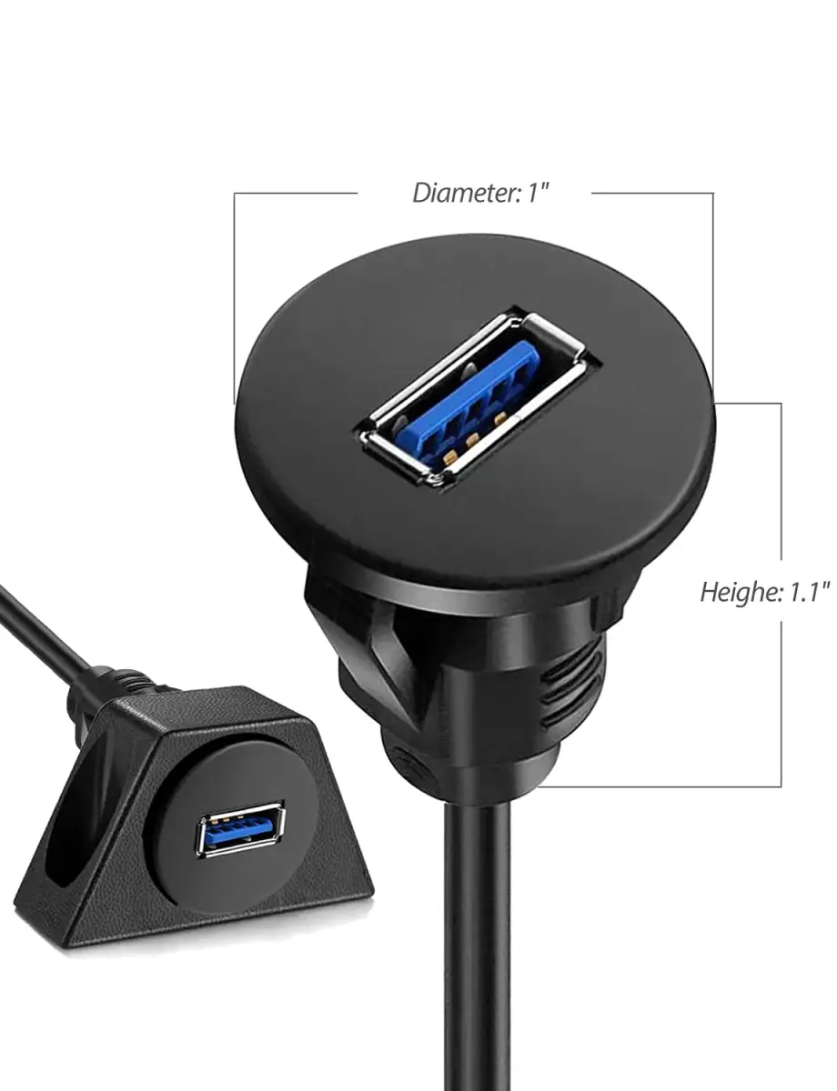 URWOOW USB 3.0 Male to Female AUX Flush Panel Mount Extension Cable 0.91 m (3 ft) | Vehicle Dashboard Mountable - view 5