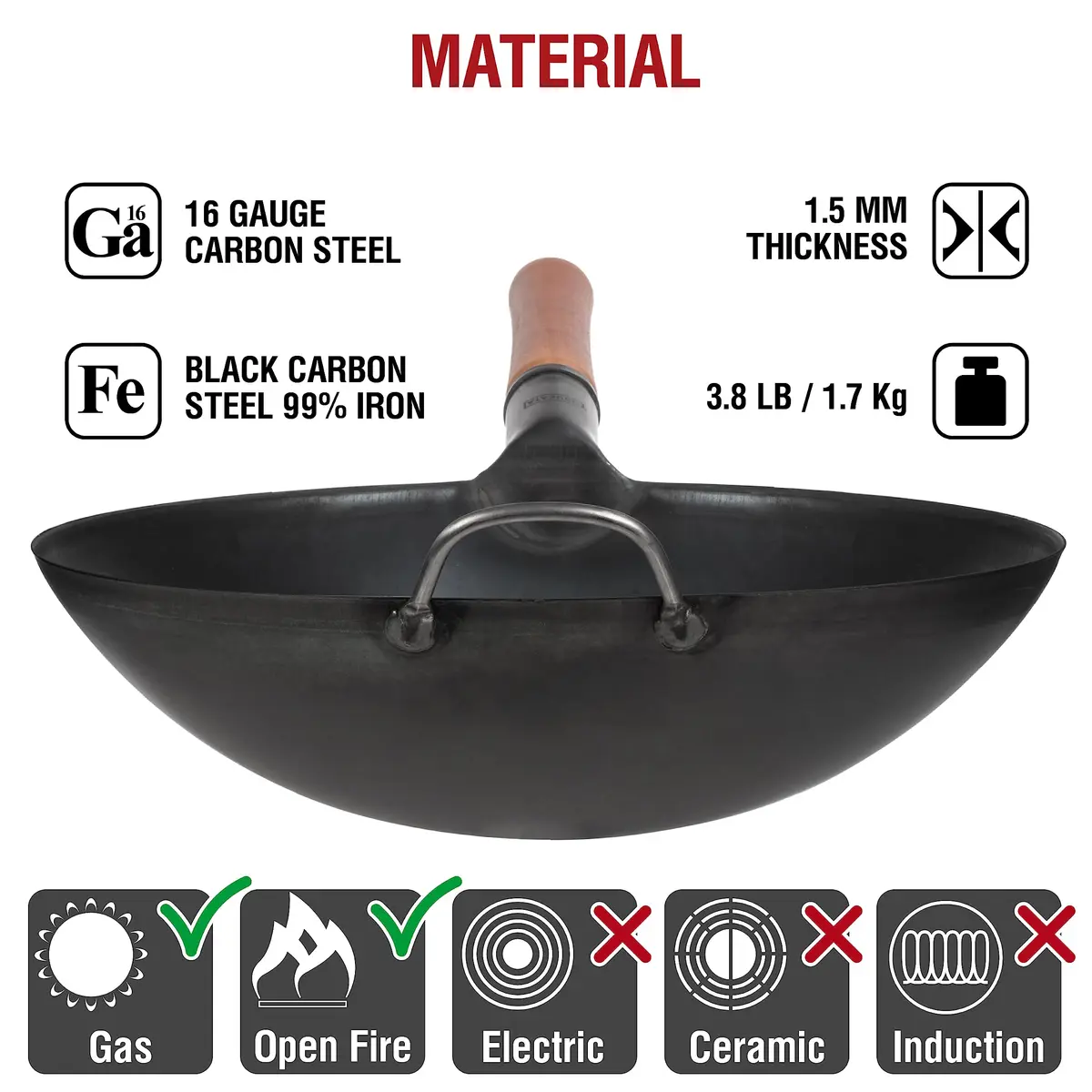 YOSUKATA 14" Black Carbon Steel Wok with Round Bottom | Authentic Pre-Seasoned Stir Fry Pan - view 5