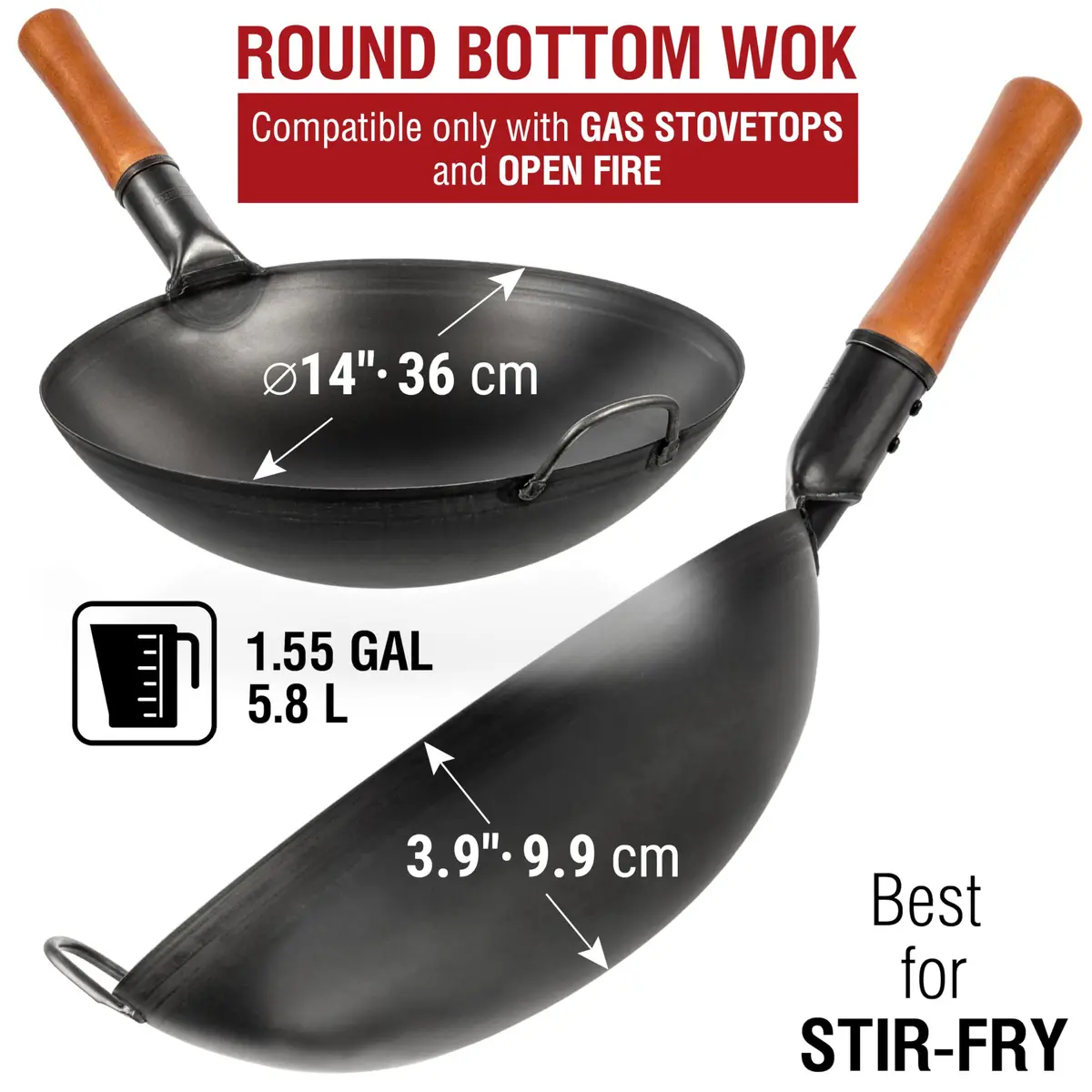 YOSUKATA 14" Black Carbon Steel Wok with Round Bottom | Authentic Pre-Seasoned Stir Fry Pan - view 2