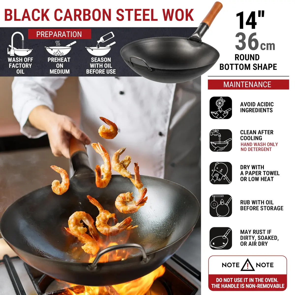 YOSUKATA 14" Black Carbon Steel Wok with Round Bottom | Authentic Pre-Seasoned Stir Fry Pan - view 3