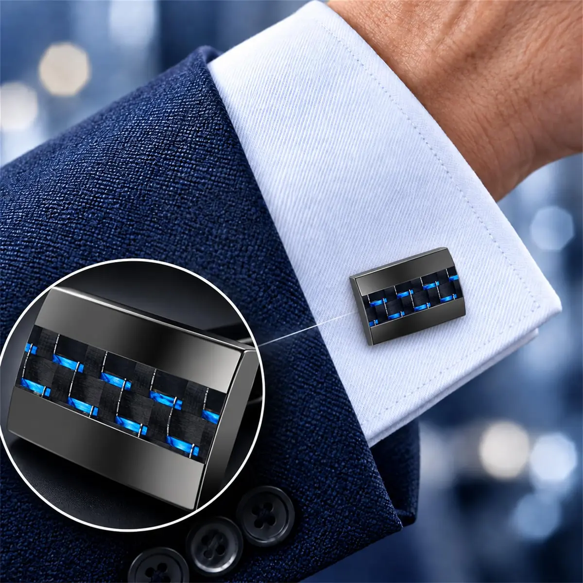 Mr.Van Men's Gunmetal Blue Carbon Fiber Cufflinks 18x12mm | Modern Industrial Elegance - view 2