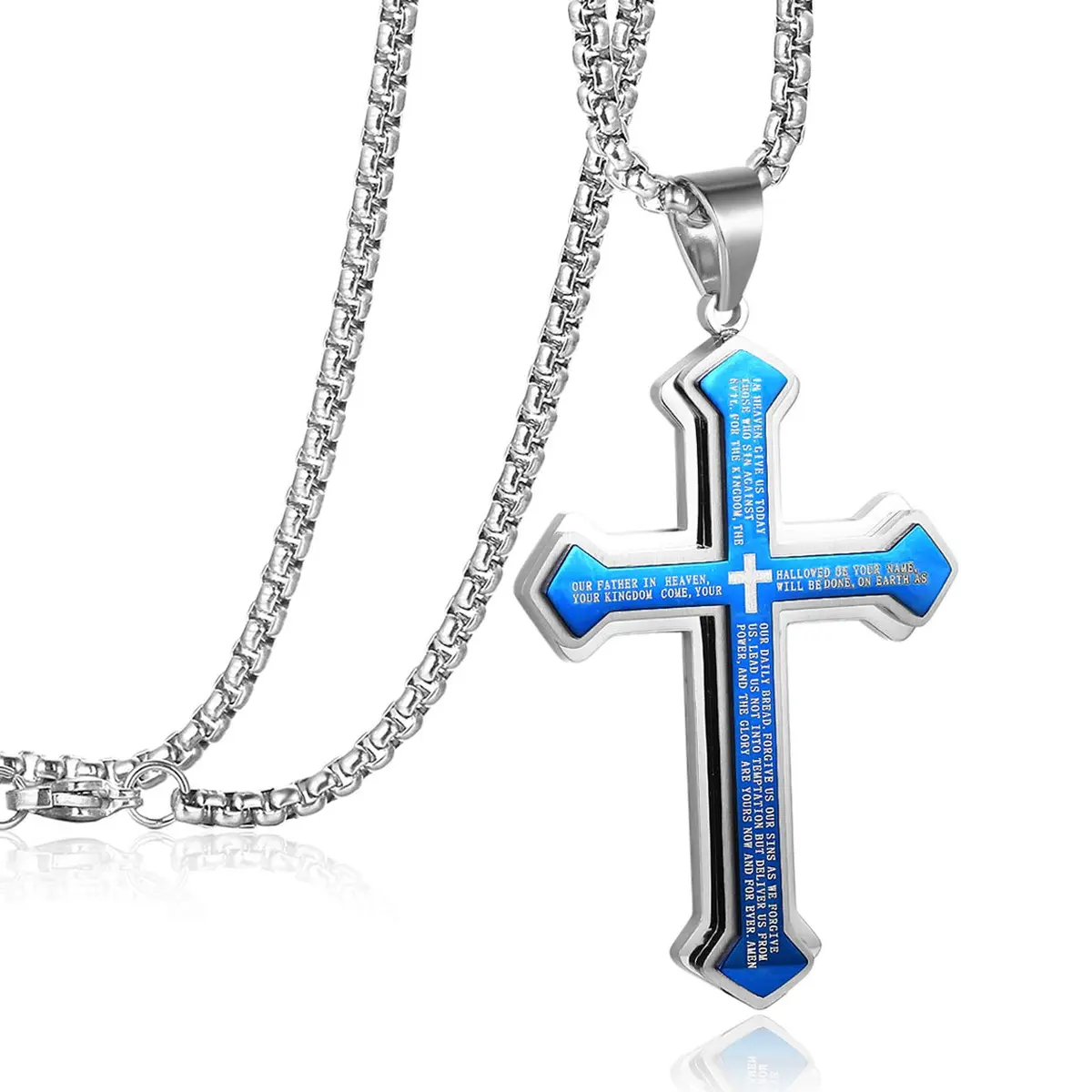Rehoboth Men's Stainless Steel Nail Lord's Prayer Cross Pendant Necklace 3.0" x 1.6" | Big Pendant & Strong Chain - main product image