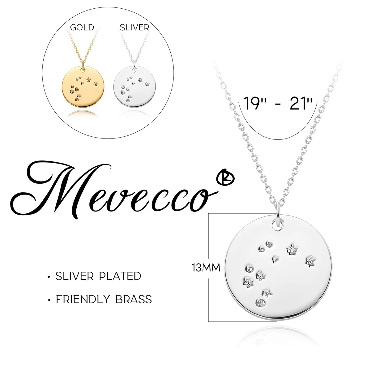 MEVECCO Scorpio Engraved Zodiac Disc Necklace for Women, Silver Tone | Adjustable 19-21 in, Silver Plated Brass - view 5