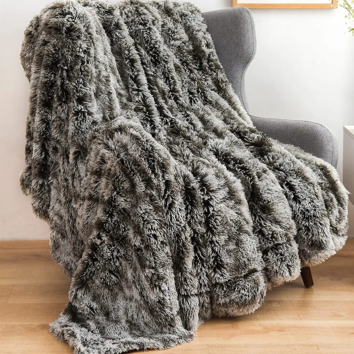 GONAAP Fuzzy Faux Fur Throw Blanket for Couch, Frosty Black, 50"x60" | Cozy & Elegant for All Seasons - main product image