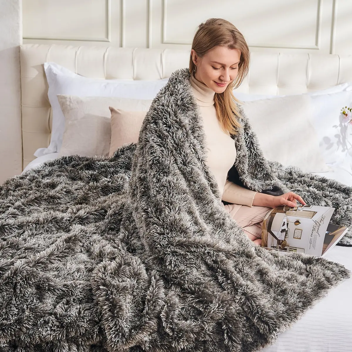 GONAAP Fuzzy Faux Fur Throw Blanket for Couch, Frosty Black, 50"x60" | Cozy & Elegant for All Seasons - view 4