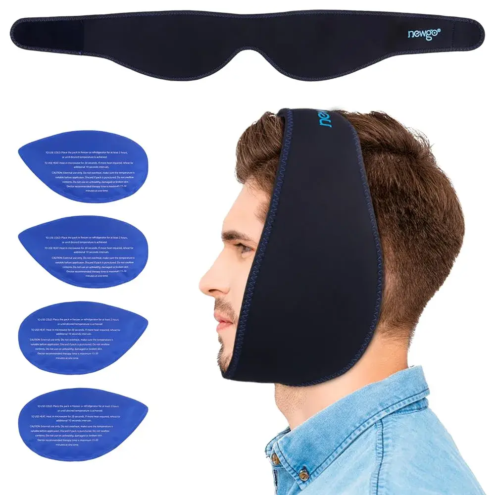 NEWGO Wisdom Teeth Ice Pack Head Wrap with 4 Gel Packs | Adjustable Black Pain Relief - main product image