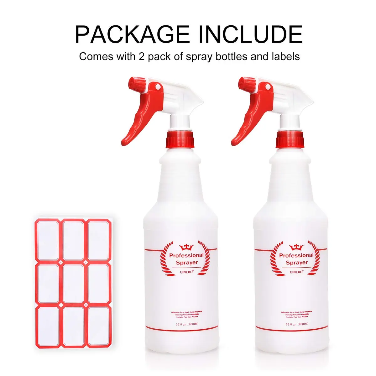 Uineko Plastic Spray Bottles 2 Pack, 32 Oz | Heavy Duty, Leak-Proof, Adjustable Nozzle - view 7