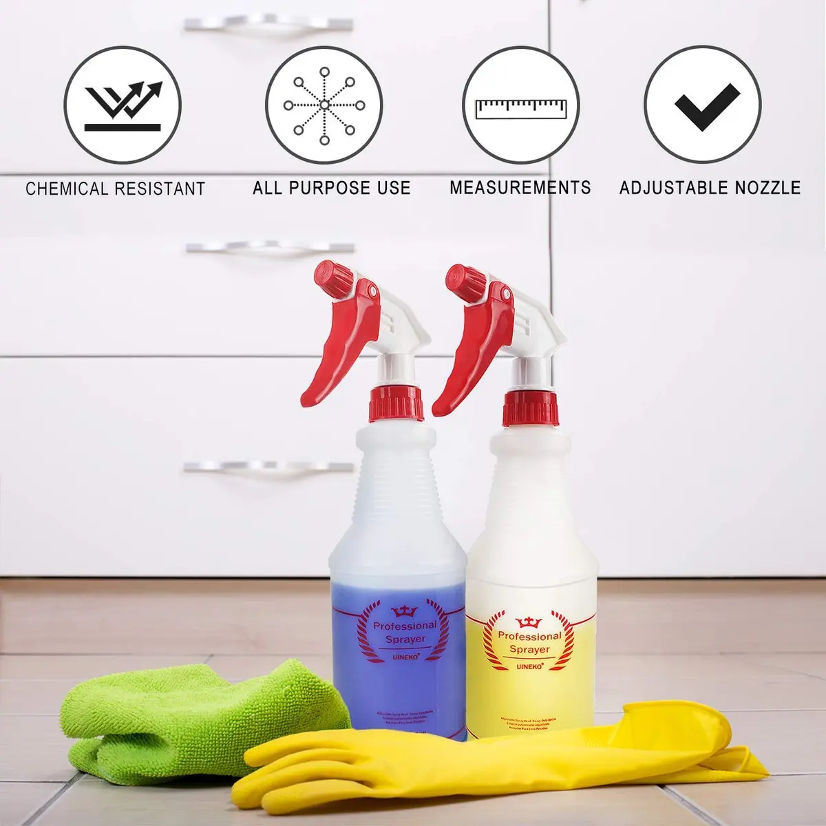 Uineko Plastic Spray Bottles 2 Pack, 32 Oz | Heavy Duty, Leak-Proof, Adjustable Nozzle - view 8