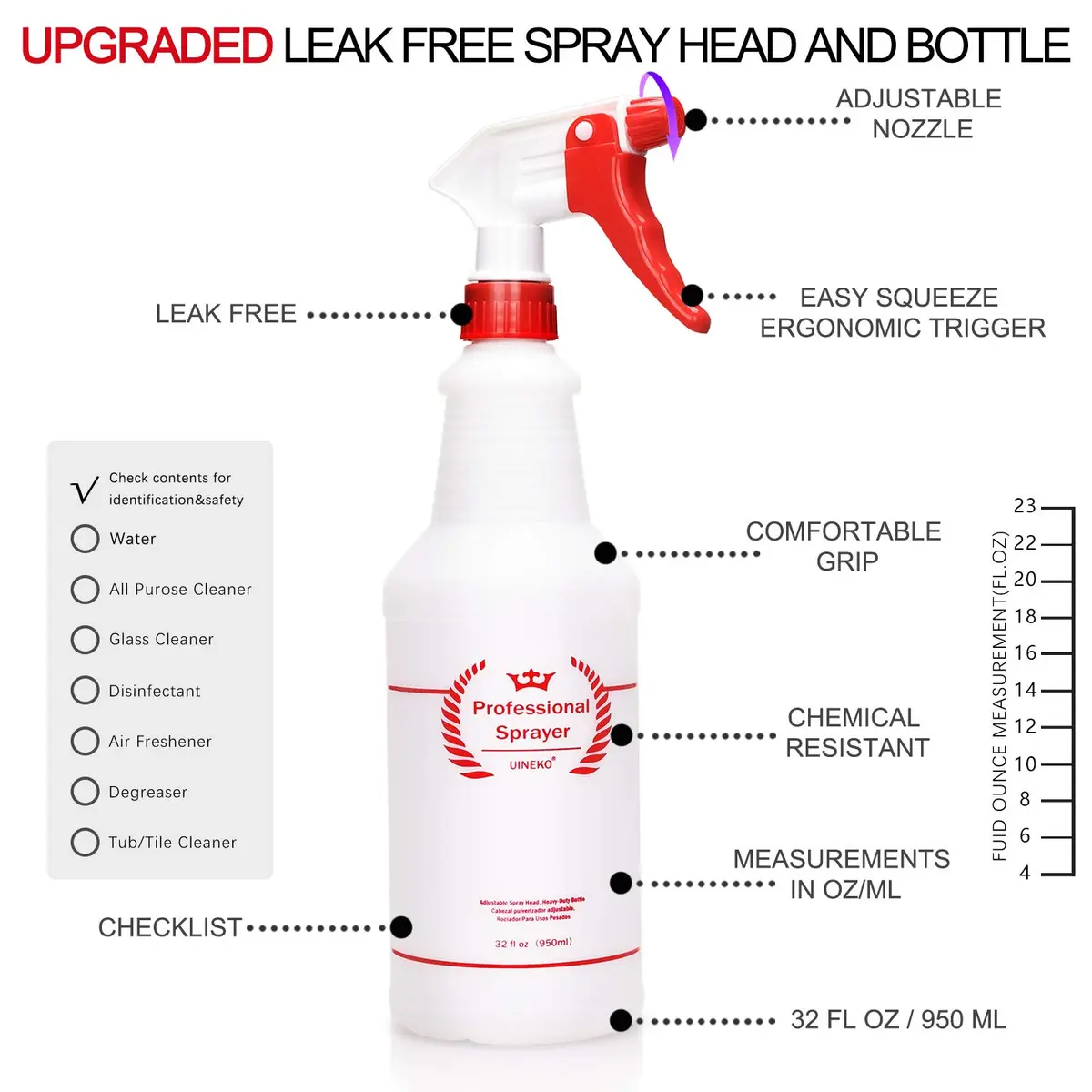 Uineko Plastic Spray Bottles 2 Pack, 32 Oz | Heavy Duty, Leak-Proof, Adjustable Nozzle - view 4