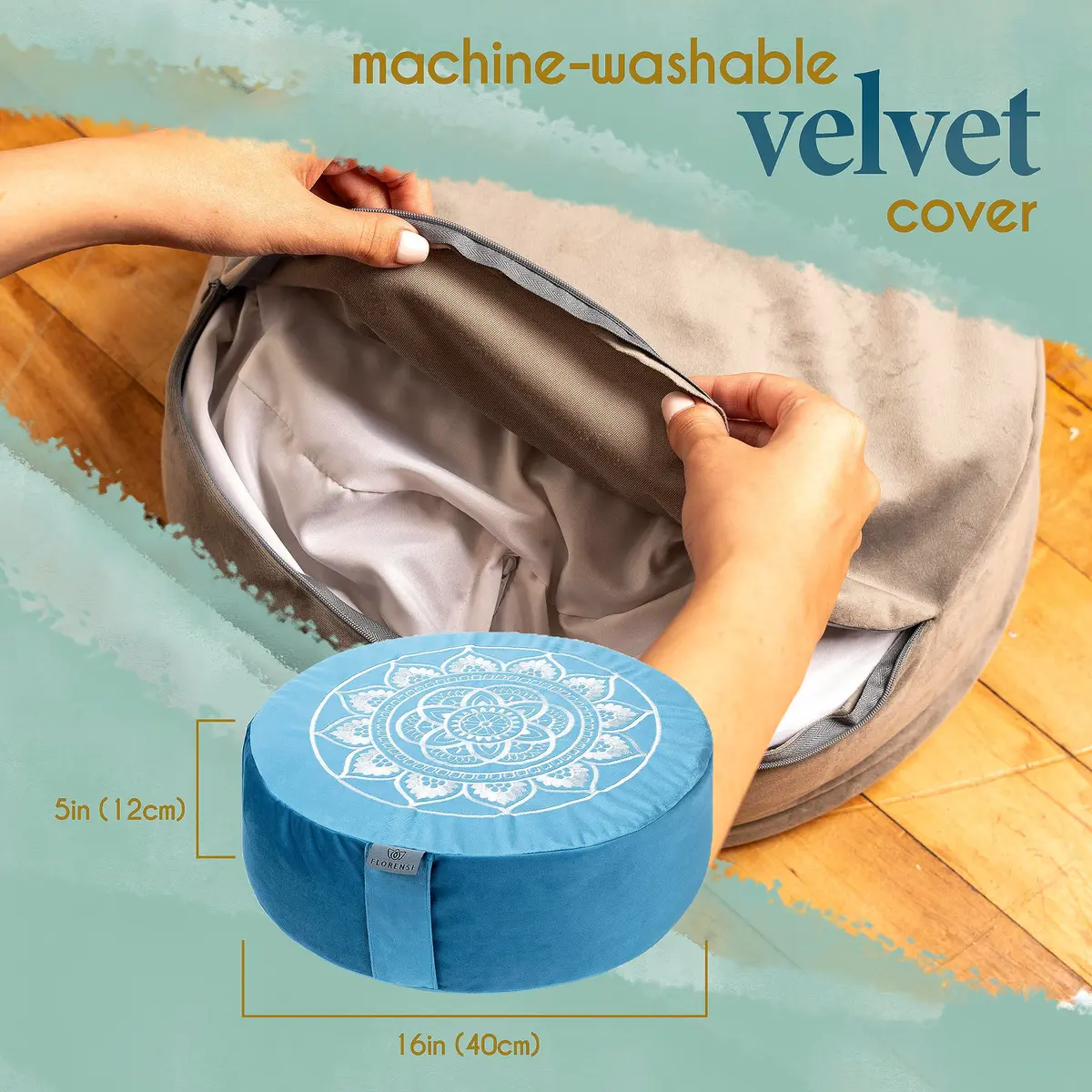 Florensi Meditation Cushion Grey Velvet Buckwheat Round Yoga Floor Seat | Supportive & Stylish (70-120 chars) - view 6