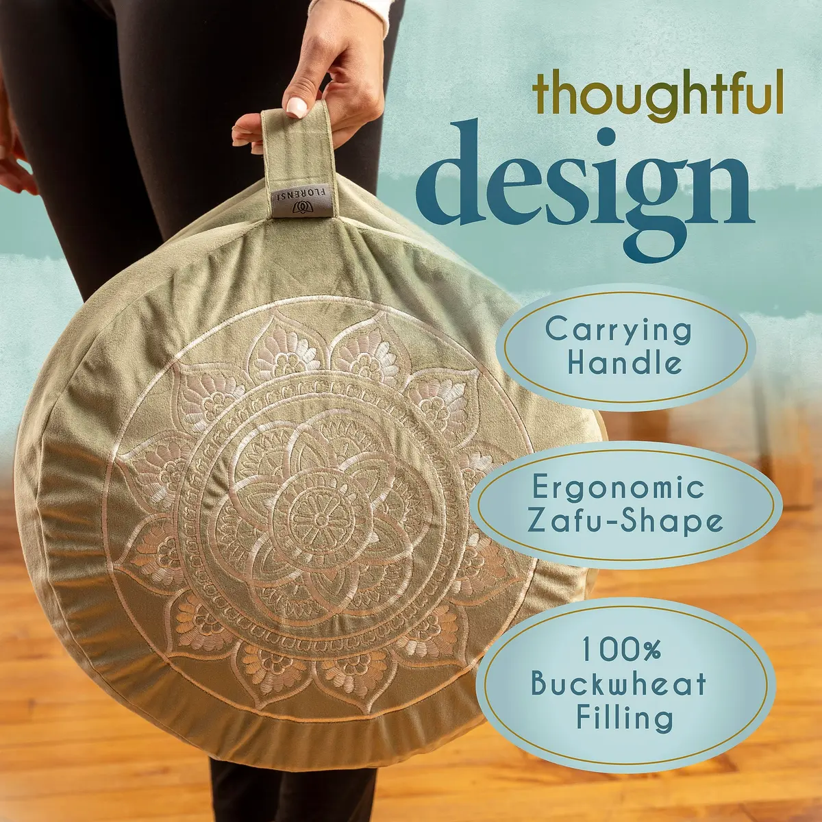 Florensi Meditation Cushion Grey Velvet Buckwheat Round Yoga Floor Seat | Supportive & Stylish (70-120 chars) - view 7