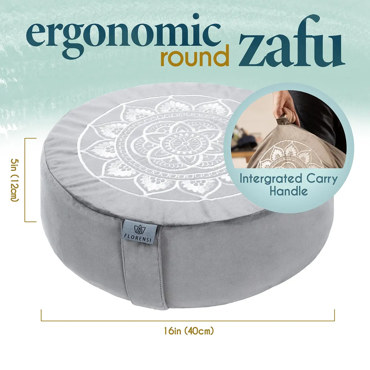 Florensi Meditation Cushion Grey Velvet Buckwheat Round Yoga Floor Seat | Supportive & Stylish (70-120 chars) - view 2