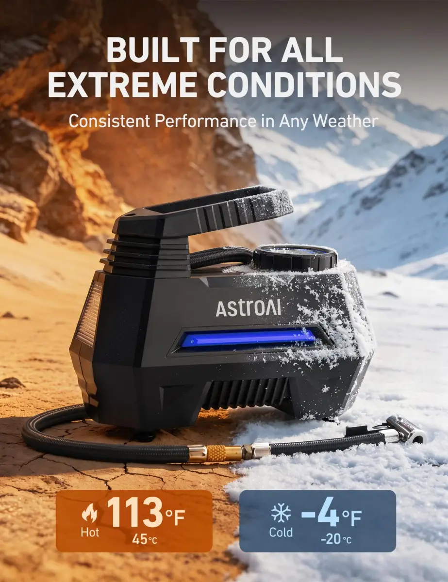AstroAI AIRUN H Tire Inflator Portable Air Compressor 12V DC 35L/min | Fast Inflation for Car, Motorcycle, Bike Tires - view 6
