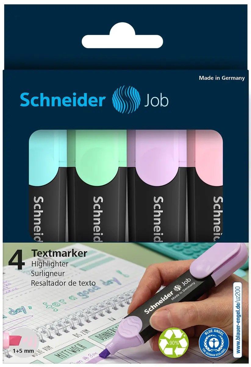 Schneider Pastel Job Highlighter Marker 4 Pack (12.7cm) | Chisel Tip, Turquoise, Mint, Lavender, Light Pink - view 4