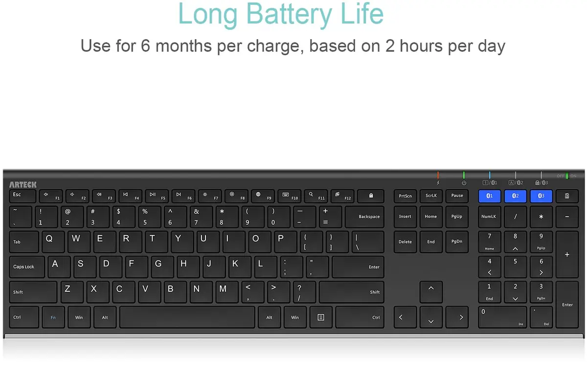 Arteck HB192 Universal Bluetooth Keyboard Stainless Steel Full Size Wireless Keyboard for Windows iOS Android | 16.9 x 4.9 x 0.6 inches - view 5