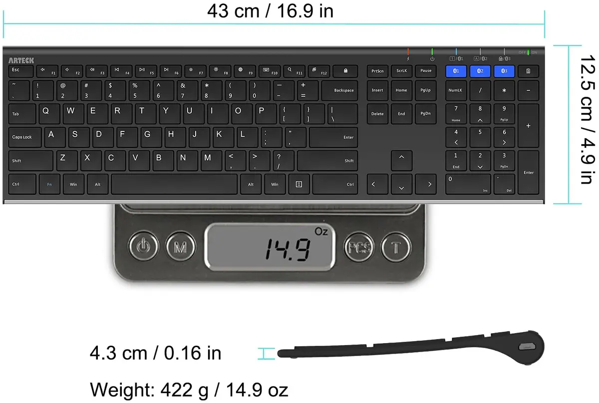 Arteck HB192 Universal Bluetooth Keyboard Stainless Steel Full Size Wireless Keyboard for Windows iOS Android | 16.9 x 4.9 x 0.6 inches - view 6