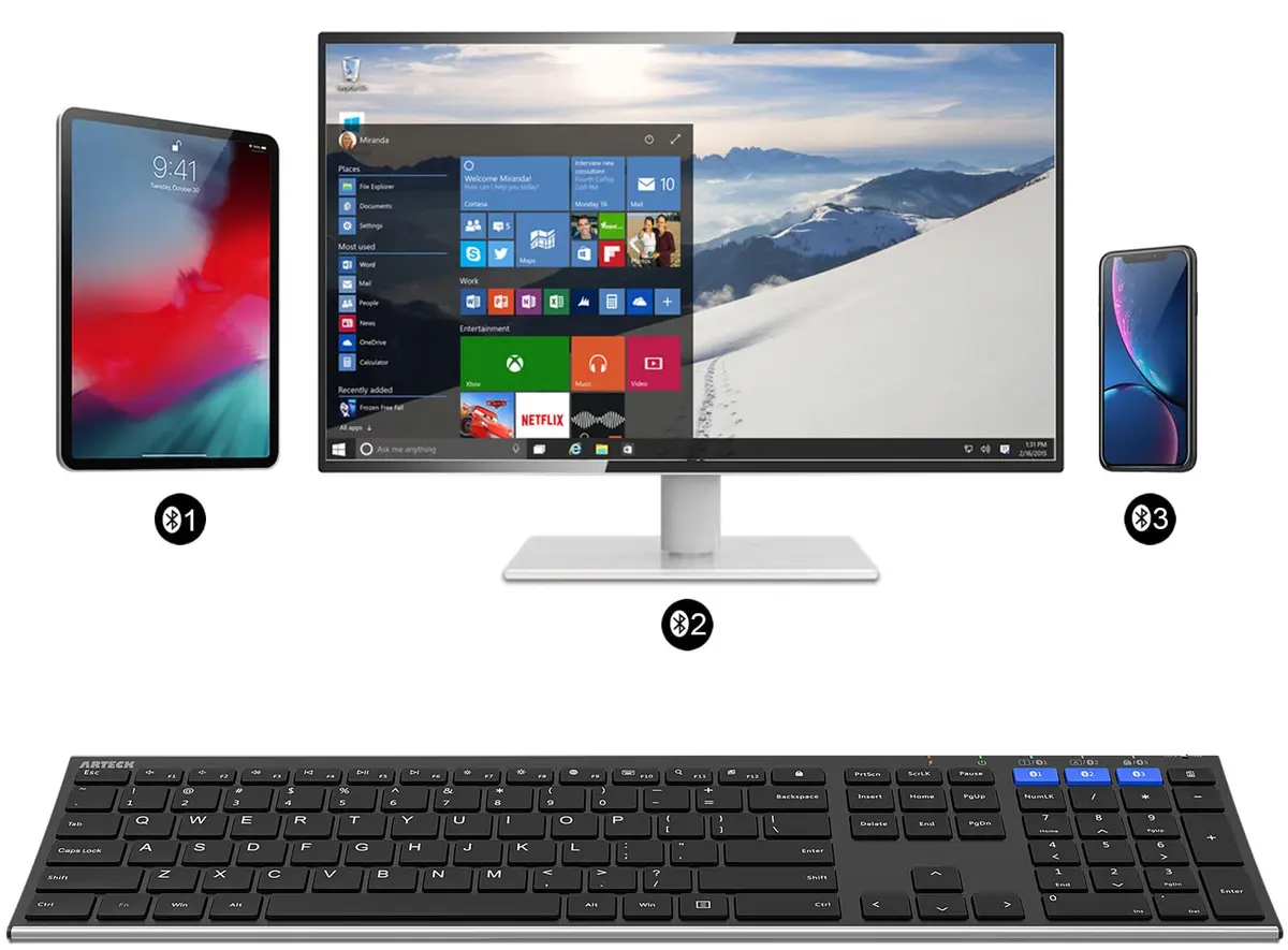 Arteck HB192 Universal Bluetooth Keyboard Stainless Steel Full Size Wireless Keyboard for Windows iOS Android | 16.9 x 4.9 x 0.6 inches - view 7