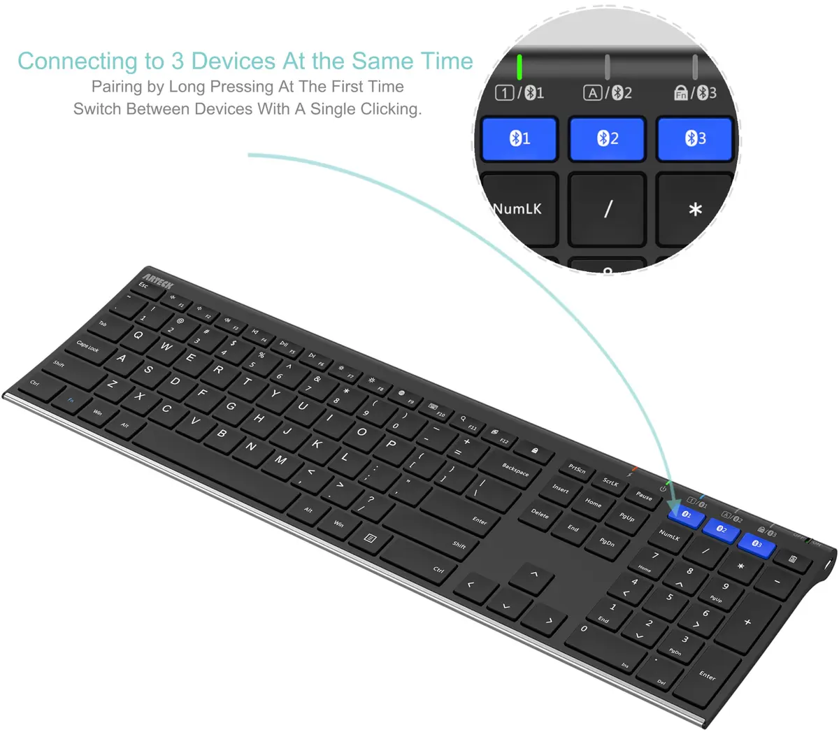 Arteck HB192 Universal Bluetooth Keyboard Stainless Steel Full Size Wireless Keyboard for Windows iOS Android | 16.9 x 4.9 x 0.6 inches - view 2