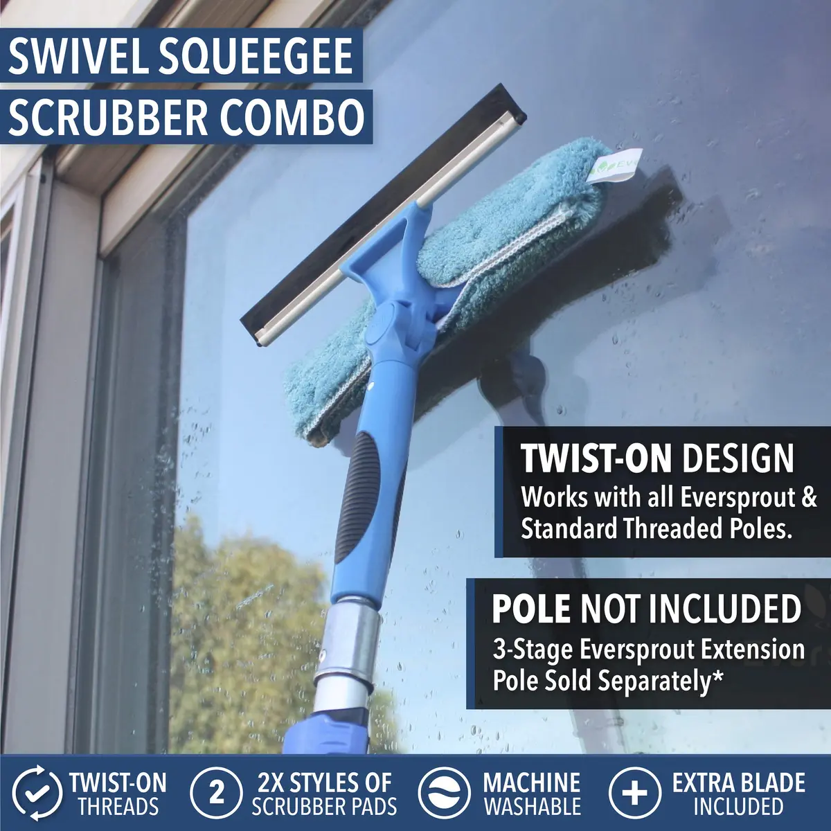 EVERSPROUT Swivel Squeegee & Microfiber Window Scrubber Attachment | 10-inch Blade, 7-Angle Swivel, Washable Microfiber - view 5