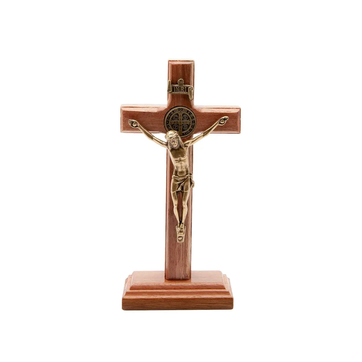 Intercession Antique Gold Wood Cross Crucifix 12.7cm (5 Inch) | St Benedict Medal & Rustic Finish - main product image