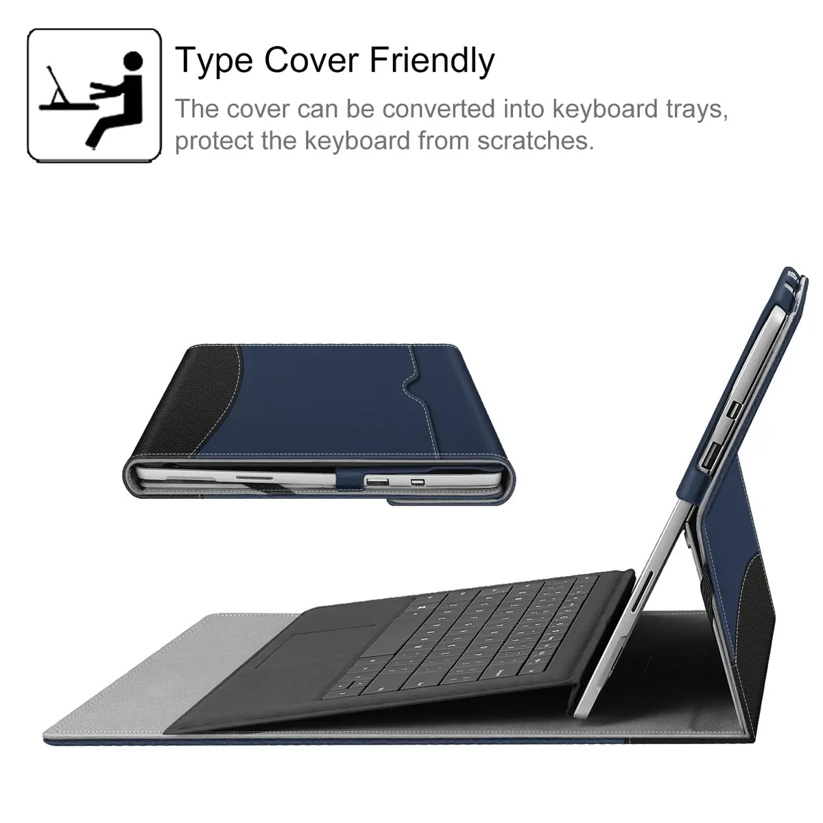 Fintie Case for 12.3 inch Microsoft Surface Pro 7 Plus, Pro 7/6/5/4/3 | Navy Faux Leather Folio with Kickstand & Stylus Holder - view 6