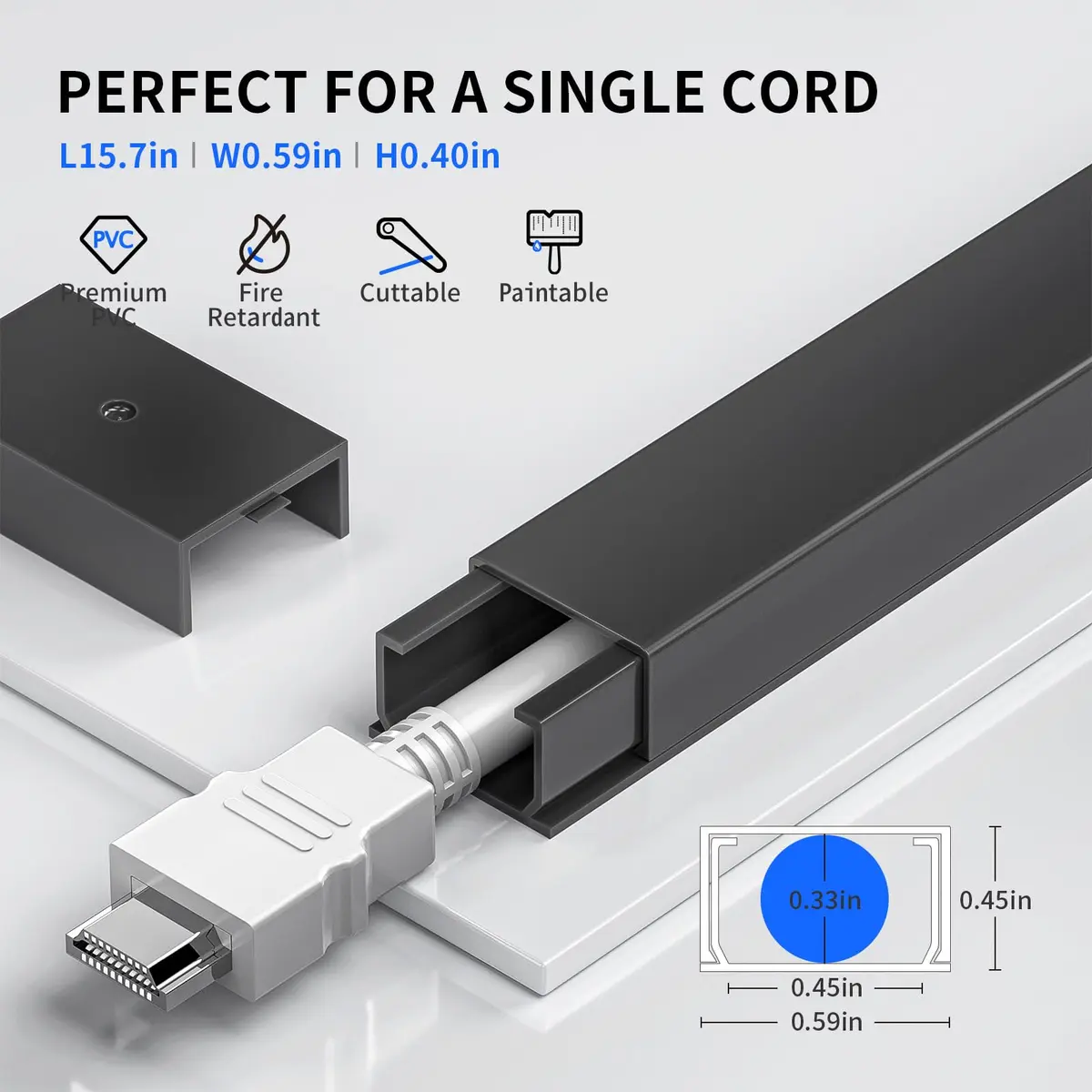 Delamu Black Cord Hider 142in (118.3cm) Total Length | Snap-on Design Cable Raceway for Single Wire - view 2