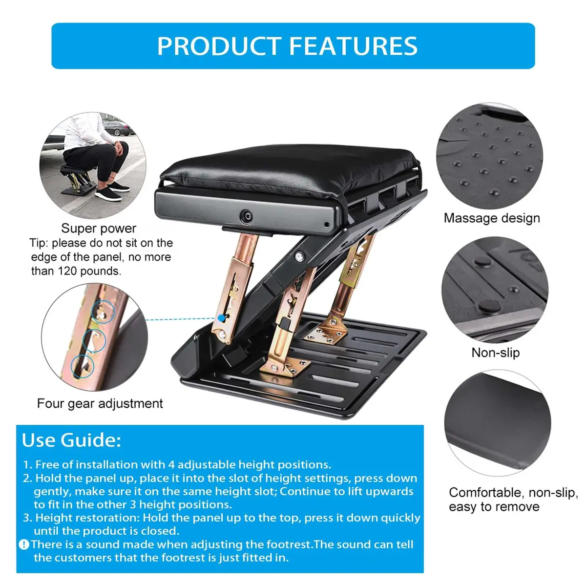 Leermart Adjustable Under Desk Footrest with Massage Balls & Soft Pad, 31.5cm x 31cm x 8.5cm (12.4" x 12.2" x 3.4") | Ergonomic Support for Office & Home - view 6