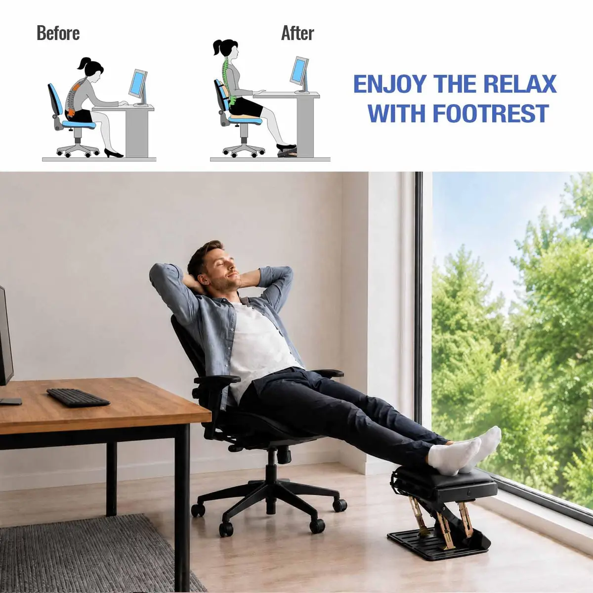 Leermart Adjustable Under Desk Footrest with Massage Balls & Soft Pad, 31.5cm x 31cm x 8.5cm (12.4" x 12.2" x 3.4") | Ergonomic Support for Office & Home - view 2