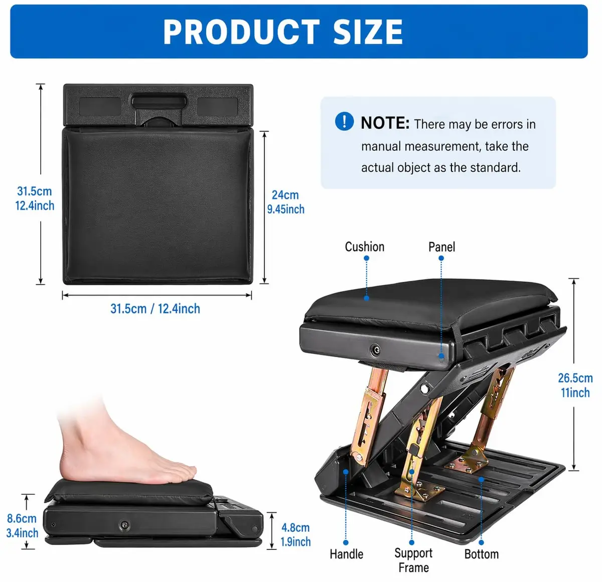 Leermart Adjustable Under Desk Footrest with Massage Balls & Soft Pad, 31.5cm x 31cm x 8.5cm (12.4" x 12.2" x 3.4") | Ergonomic Support for Office & Home - view 5