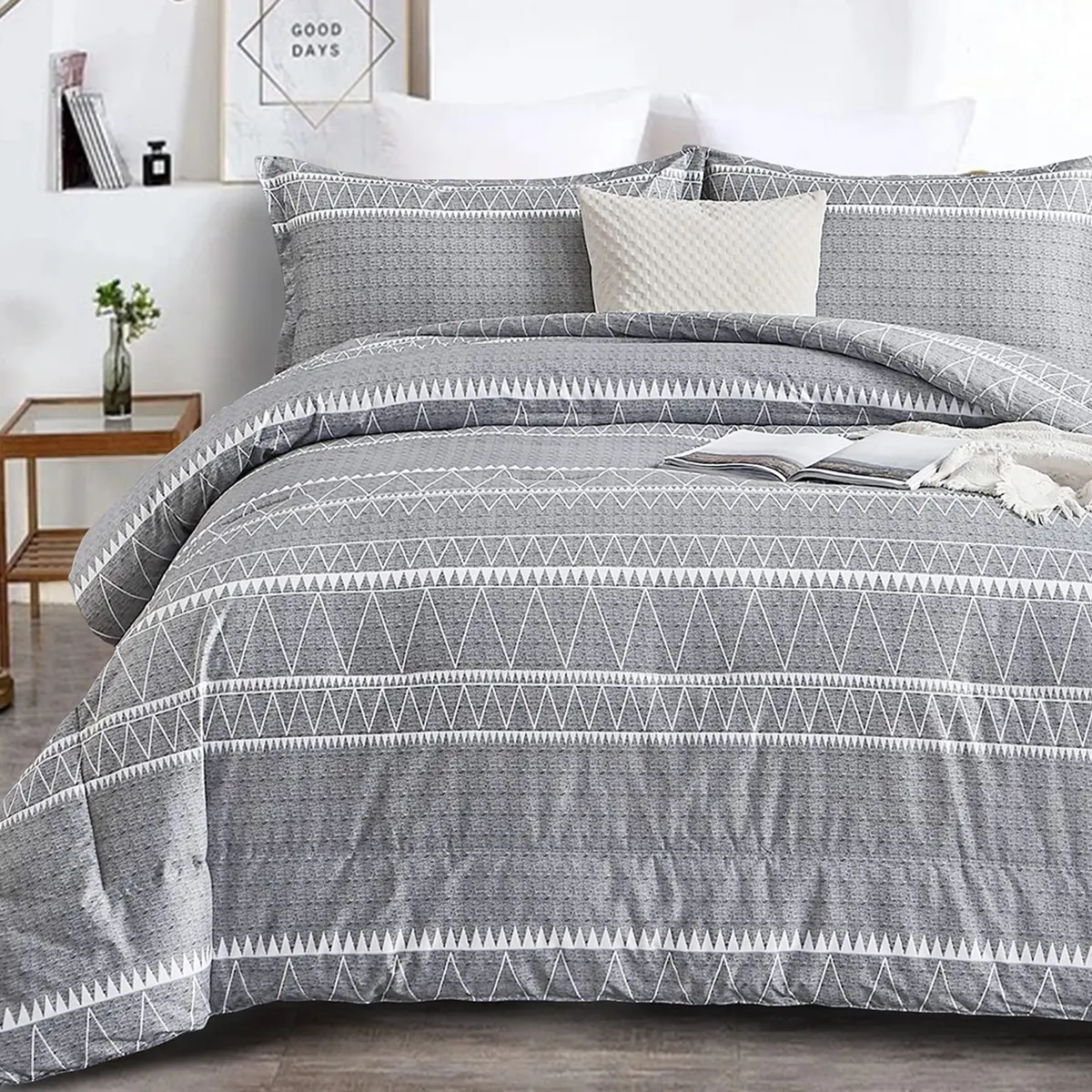 WONGS BEDDING Grey Comforter King Size | Boho 3 Piece Aztec Bedding Set for All Seasons - main product image