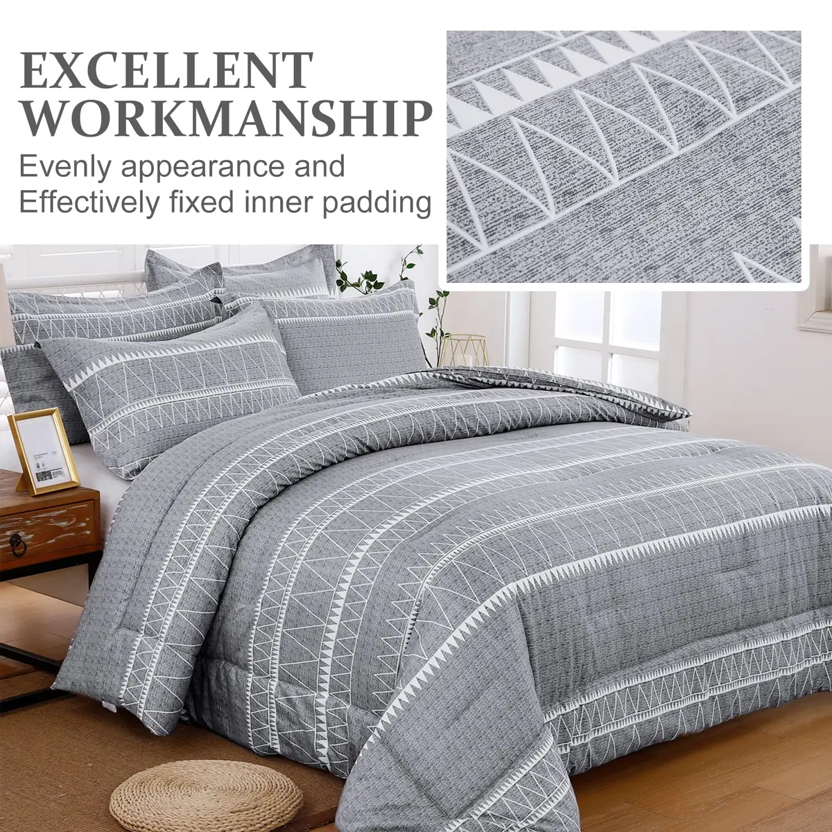WONGS BEDDING Grey Comforter King Size | Boho 3 Piece Aztec Bedding Set for All Seasons - view 2