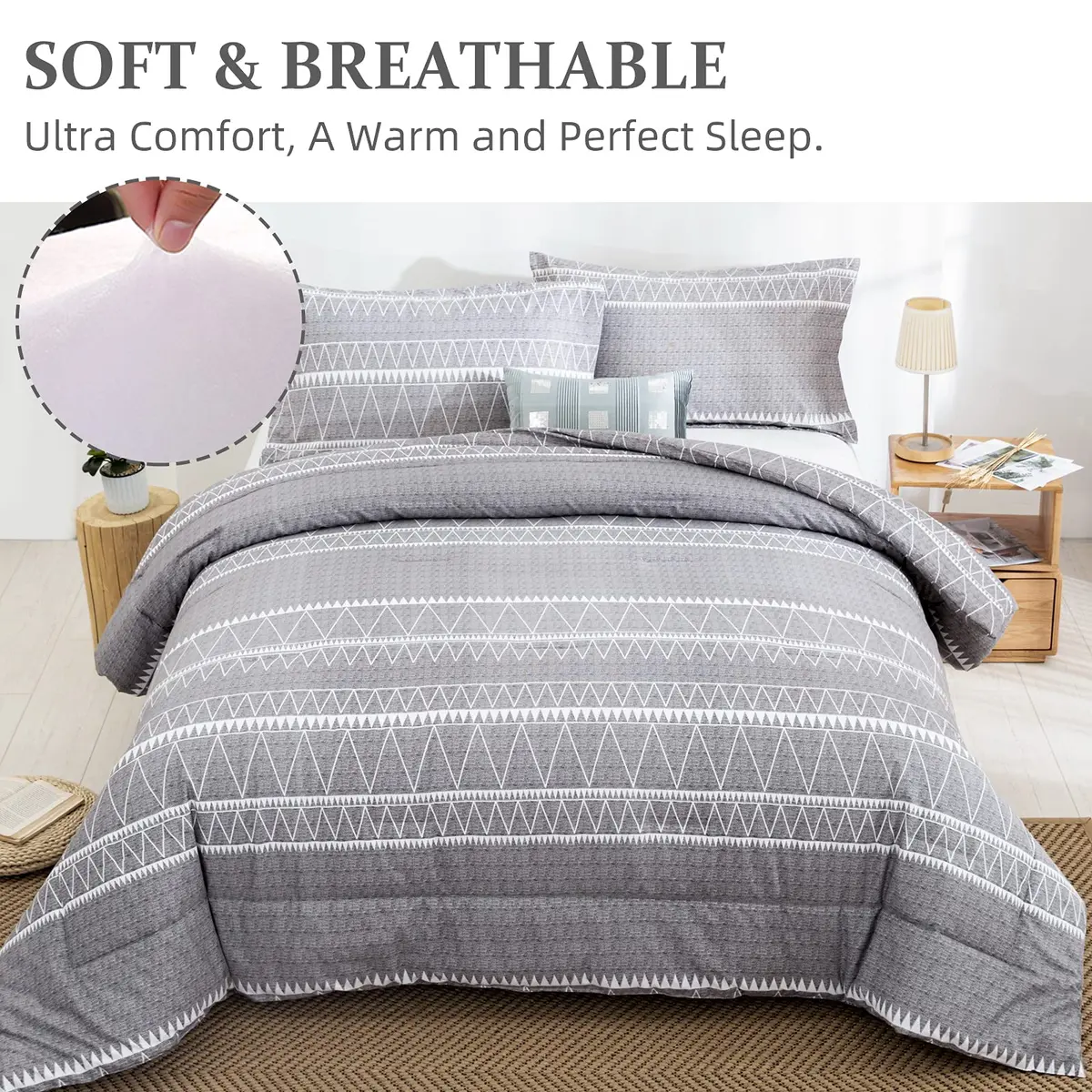 WONGS BEDDING Grey Comforter King Size | Boho 3 Piece Aztec Bedding Set for All Seasons - view 3
