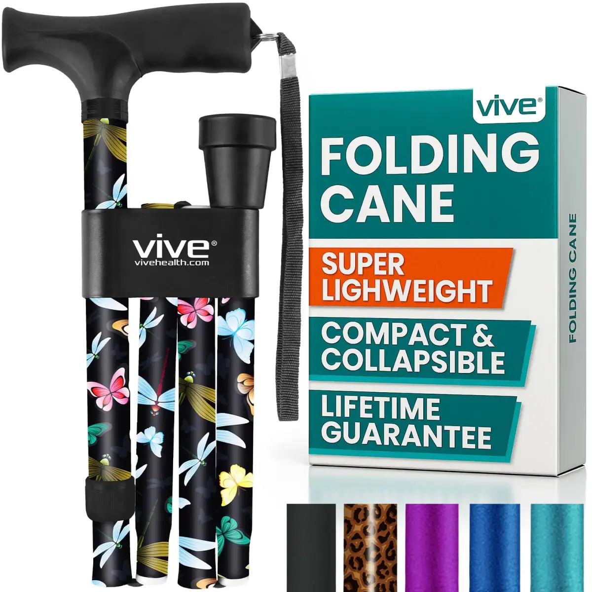 Vive Folding Cane - Adjustable 33"-37" Lightweight Aluminum Walking Stick | Supports 250 lbs, Ergonomic Grip, Non-Slip Tip - main product image