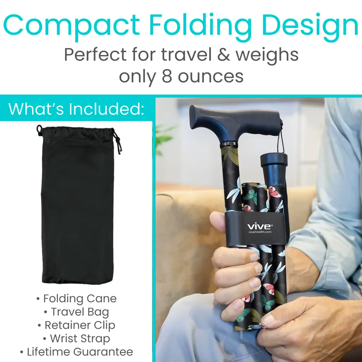 Vive Folding Cane - Adjustable 33"-37" Lightweight Aluminum Walking Stick | Supports 250 lbs, Ergonomic Grip, Non-Slip Tip - view 2