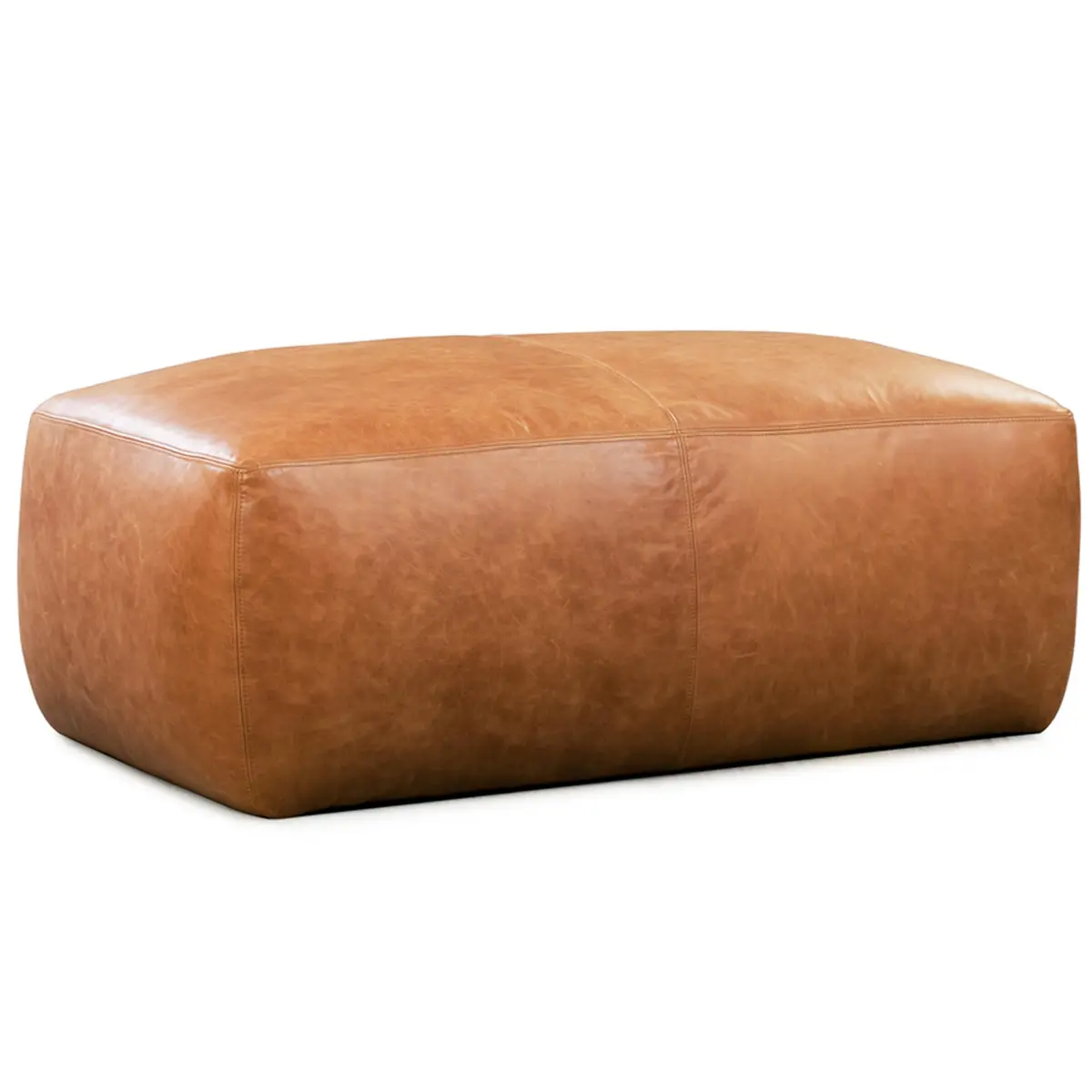 POLY & BARK Denver Ottoman – 43" Large Pouf with Feather-Down Topper – Full-Grain Leather Upholstered Ottoman for Living Room – Vintage Italian Leather in Cognac Tan - main product image