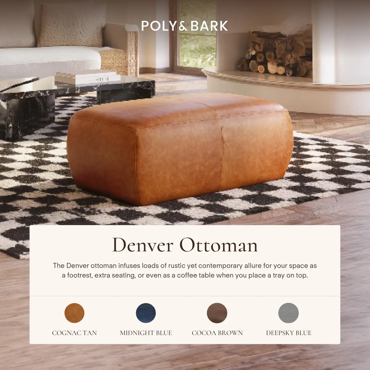 POLY & BARK Denver Ottoman – 43" Large Pouf with Feather-Down Topper – Full-Grain Leather Upholstered Ottoman for Living Room – Vintage Italian Leather in Cognac Tan - view 2